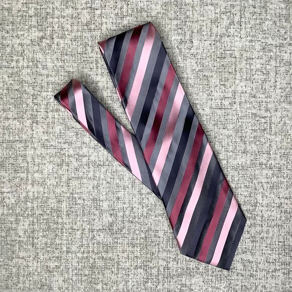 Geoffrey Beene Black Gray Burgundy Pink Striped Neck Tie - Picture 1 of 6